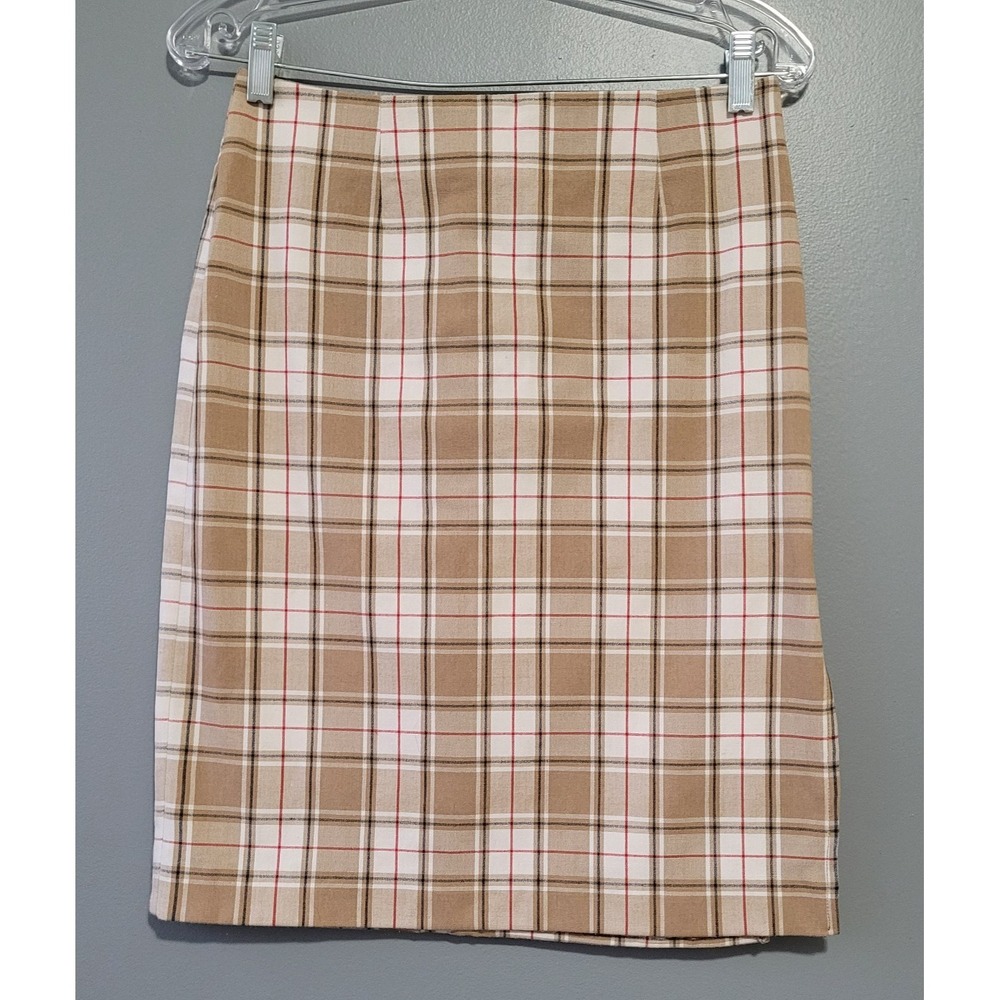 Le Chateau‎ Women's Beige/Wht Plaid Dressy Knee High Skirt Size 7 With Side Slit